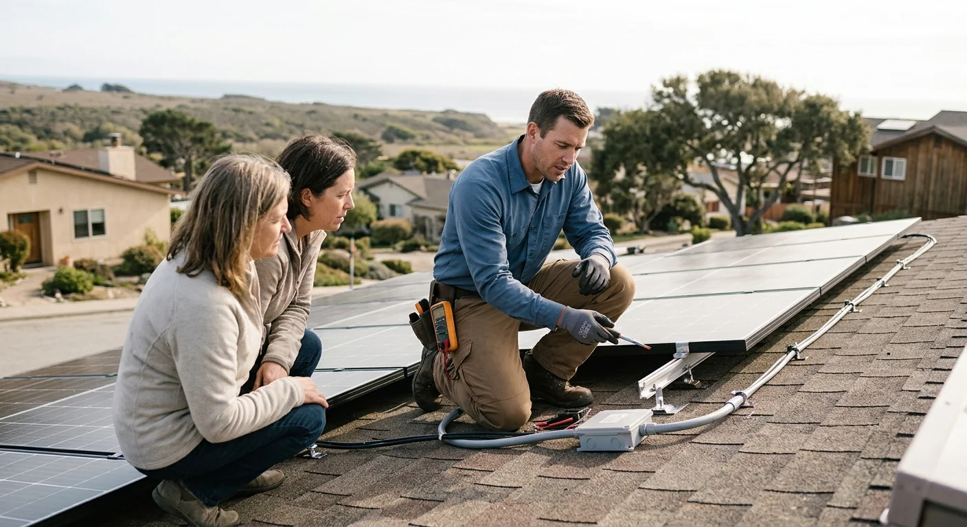 Technician reviewing commercial solar installation plans on a Watsonville rooftop worksite
