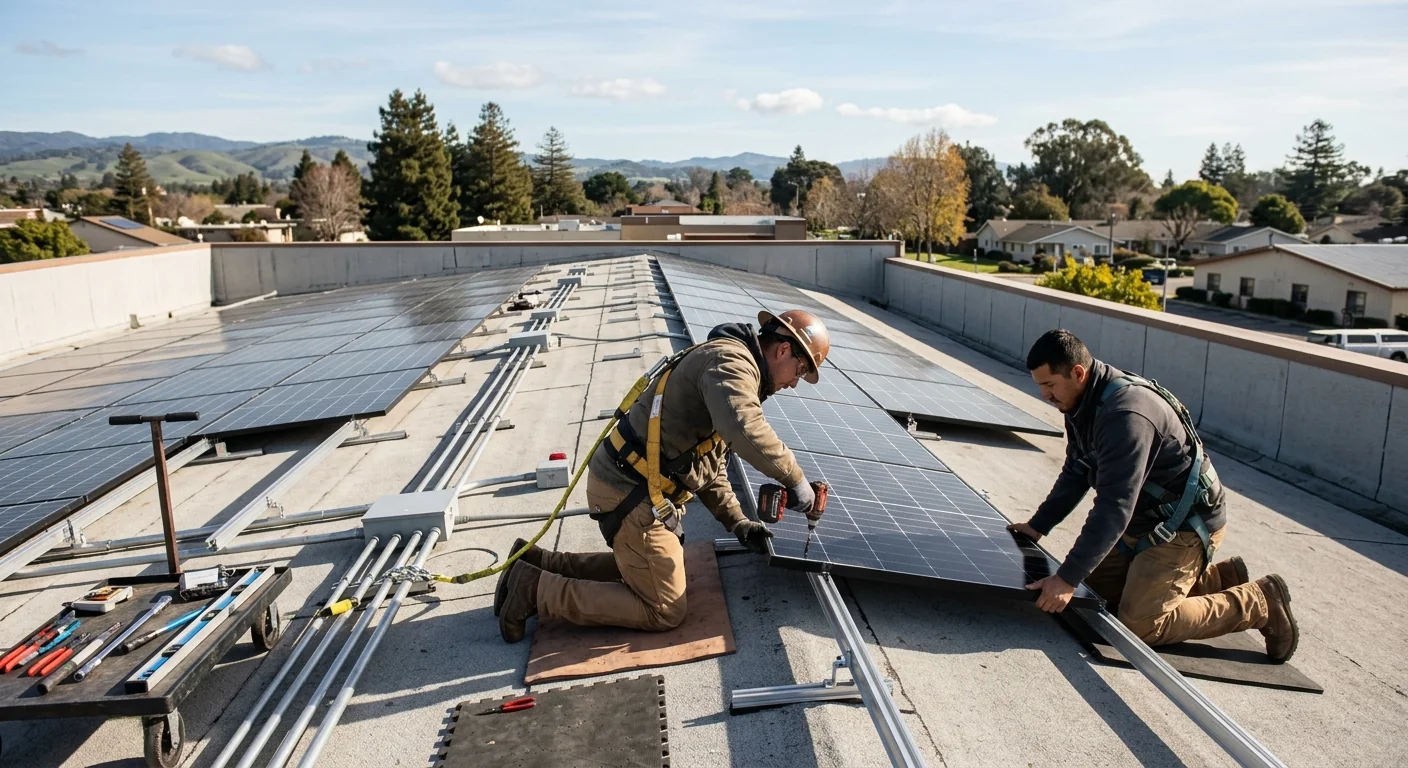Crew installing rooftop solar array on a commercial building in Watsonville