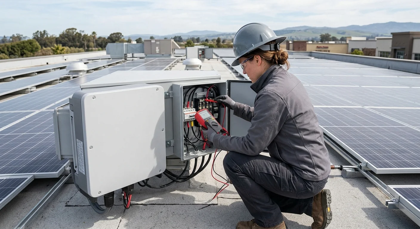 Technician measuring string voltage during commercial solar commissioning