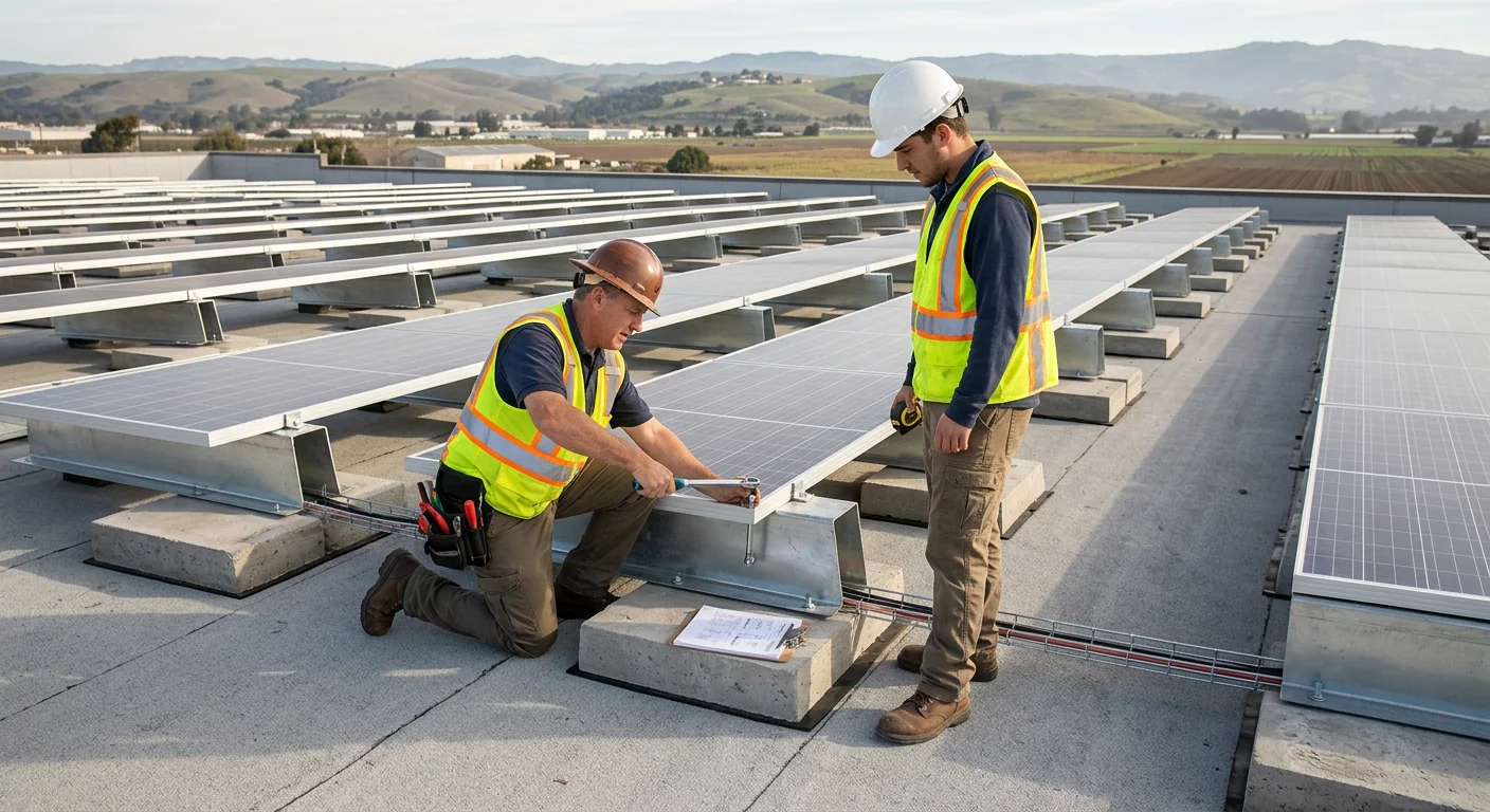 Ballasted racking supporting solar panels on a flat warehouse roof