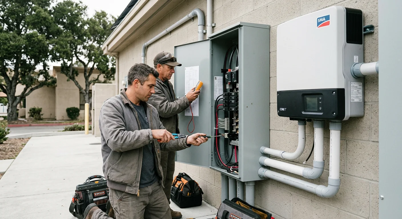 Inverter and electrical tie-in panel wired for a commercial solar system
