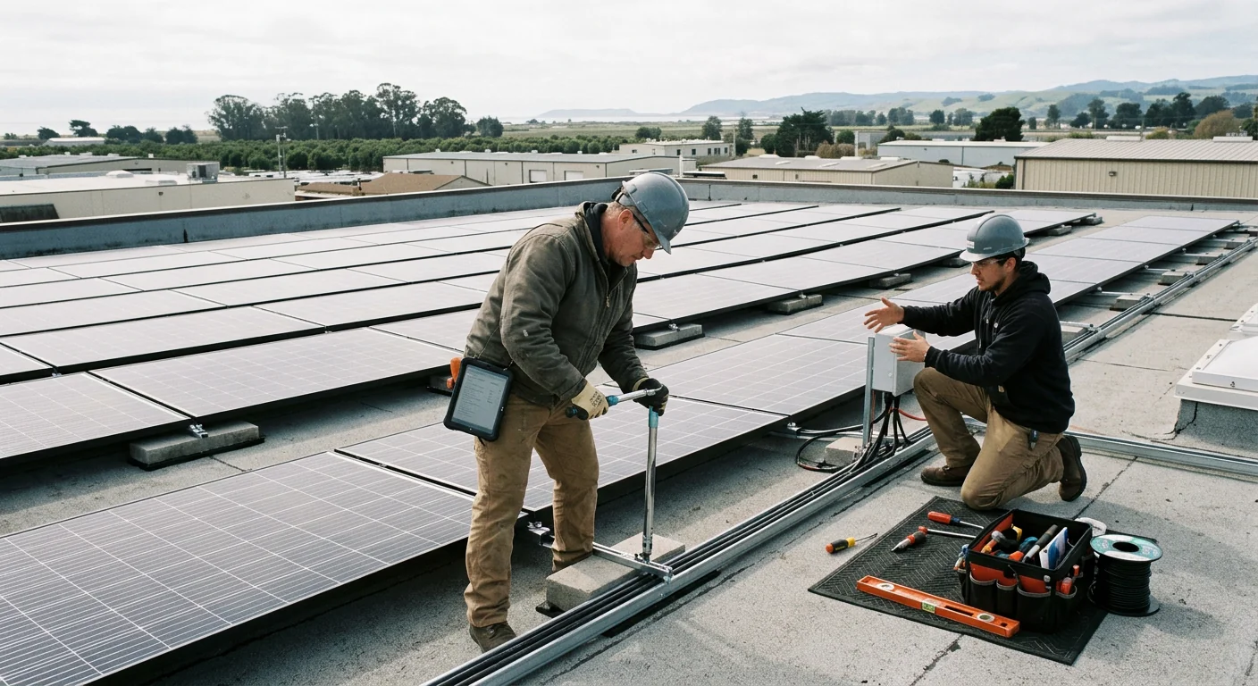 Wide view of a flat commercial rooftop solar array under Watsonville coastal skies