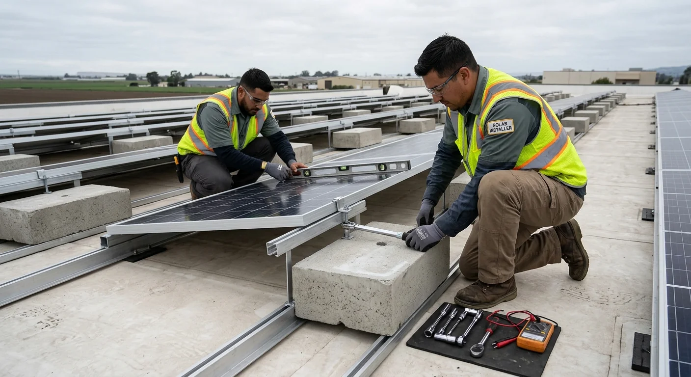 Close-up of ballasted racking securing solar modules on a warehouse roof