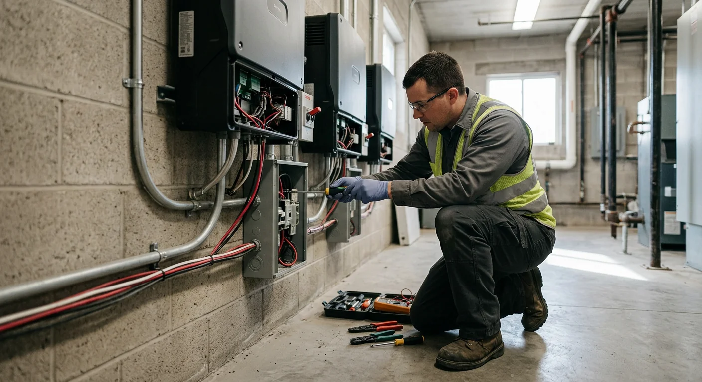 Technician wiring string inverters inside a commercial electrical room