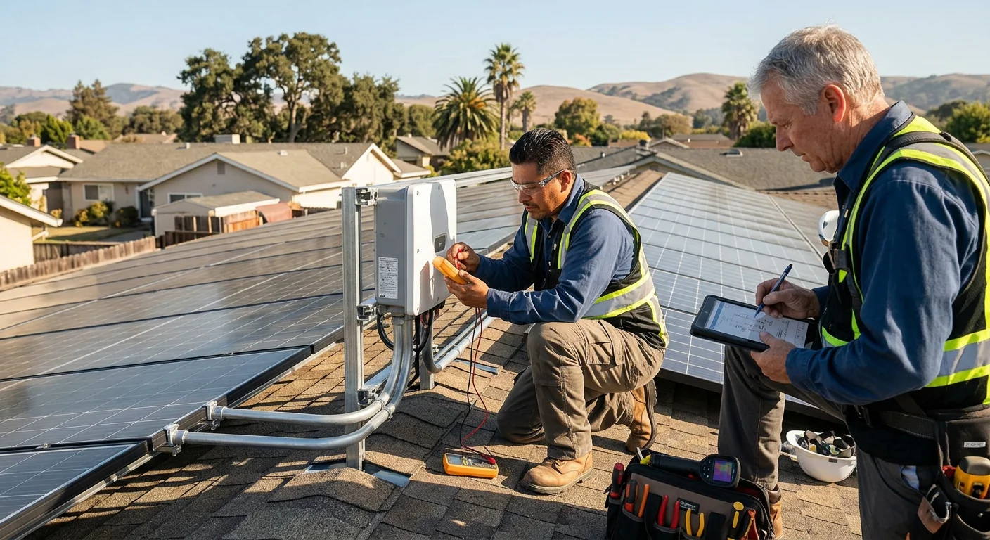 Technician inspecting rooftop commercial solar array wiring on a Watsonville business