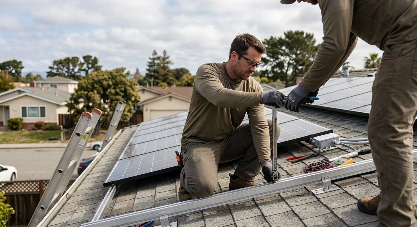 Technician reviewing off-grid solar battery and inverter setup at a Watsonville property