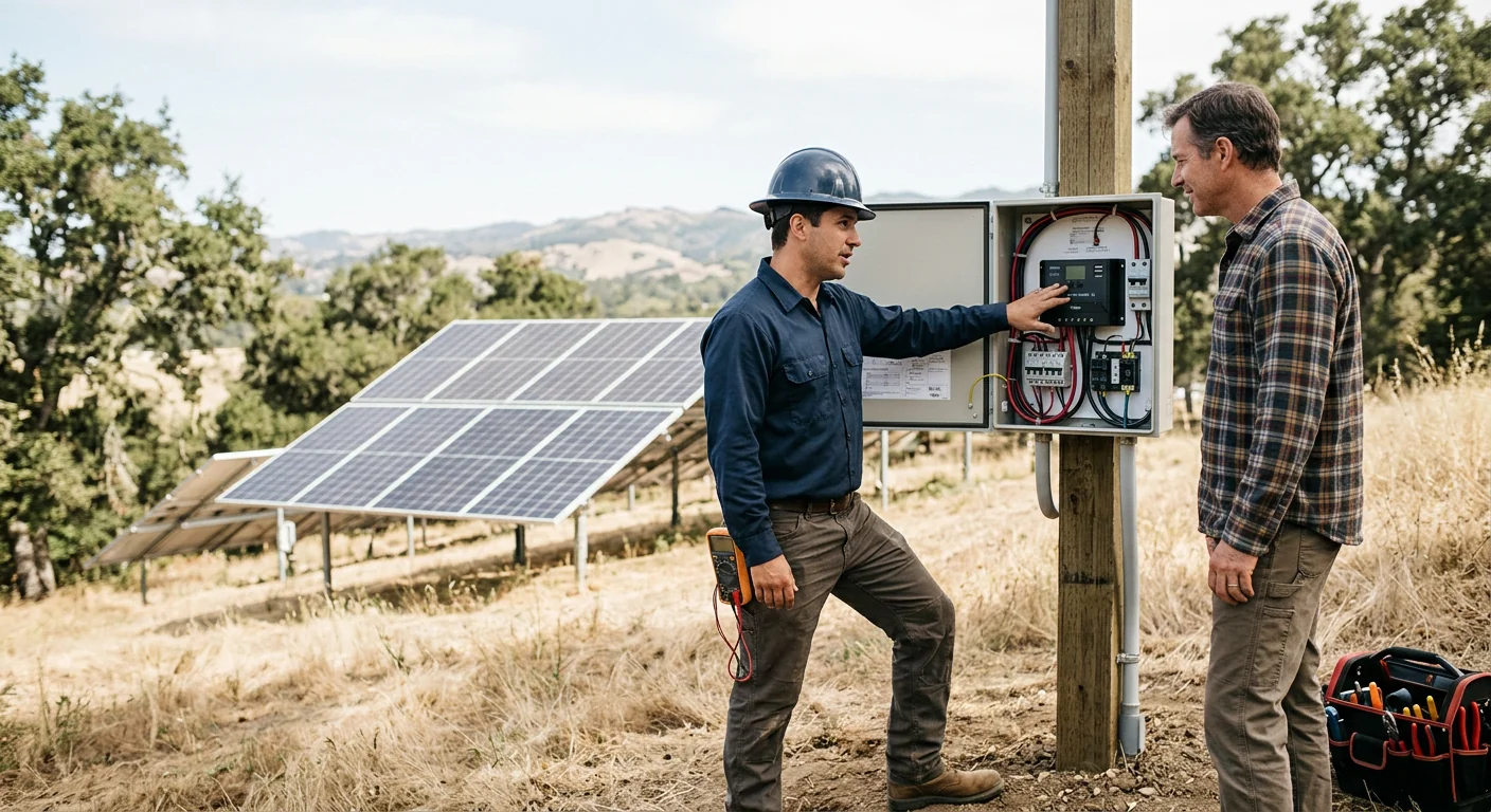 Solar array mounted on a rural Watsonville property with charge controller wiring