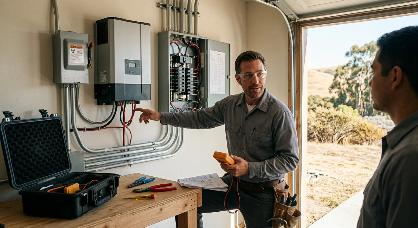 Installer configuring an off-grid inverter and load panel during commissioning