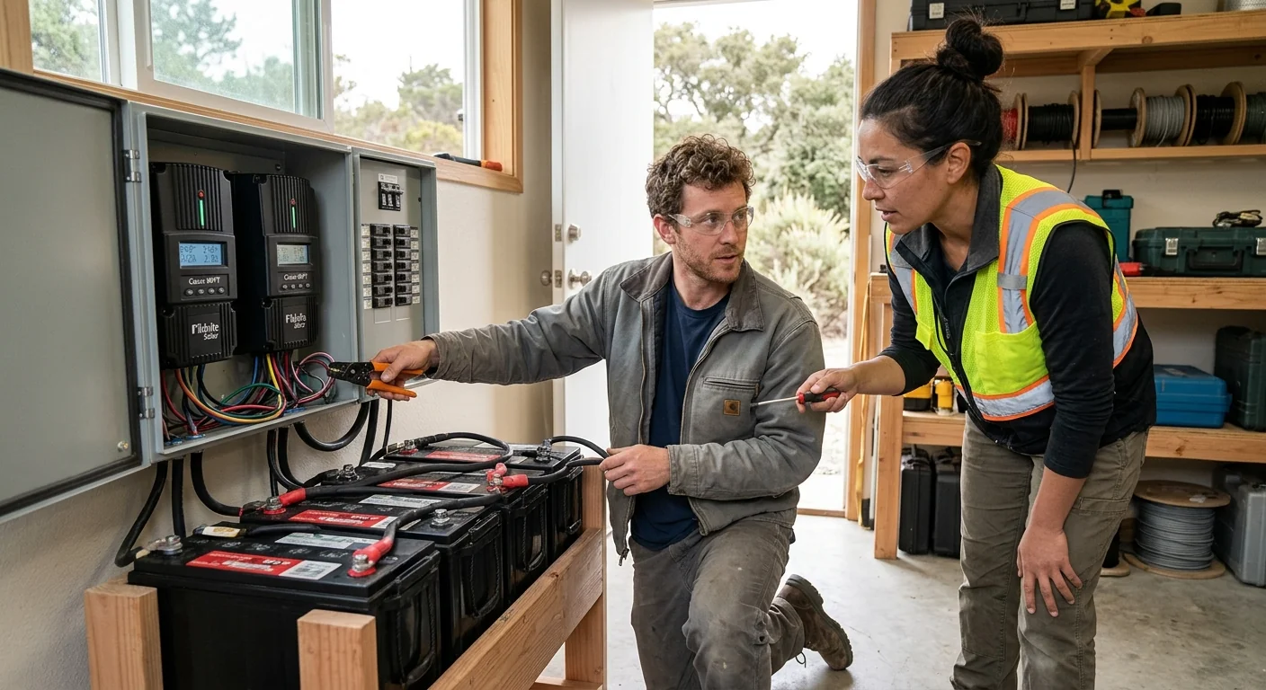 Deep-cycle battery storage and MPPT controllers installed for independent power