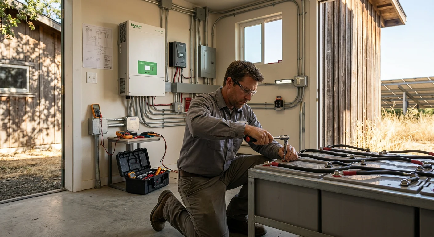 Technician wiring a battery bank inside an off-grid solar equipment room