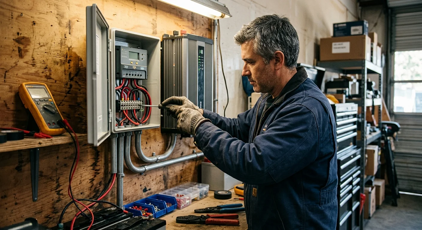Close-up of charge controller and inverter mounted on a workshop wall