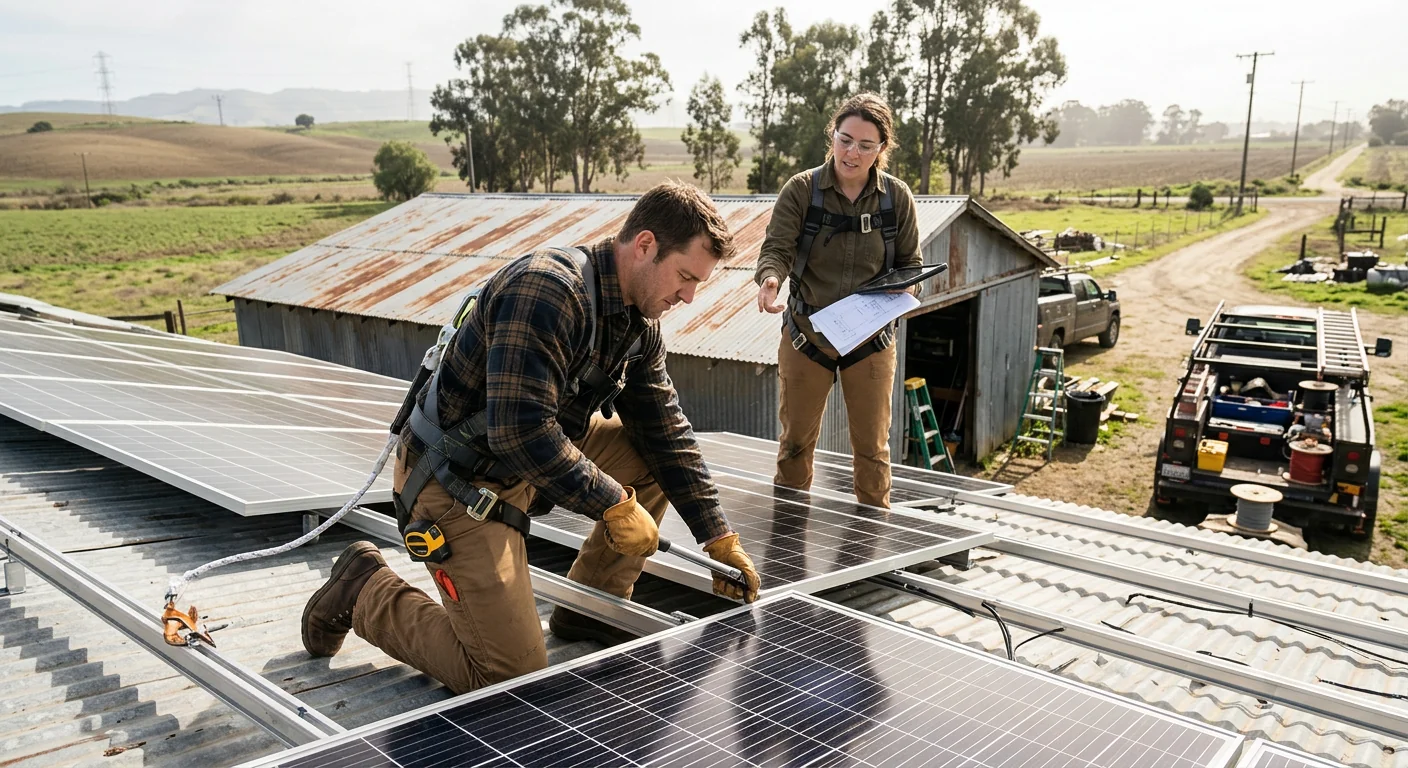 Rooftop solar panels installed on a rural Watsonville outbuilding