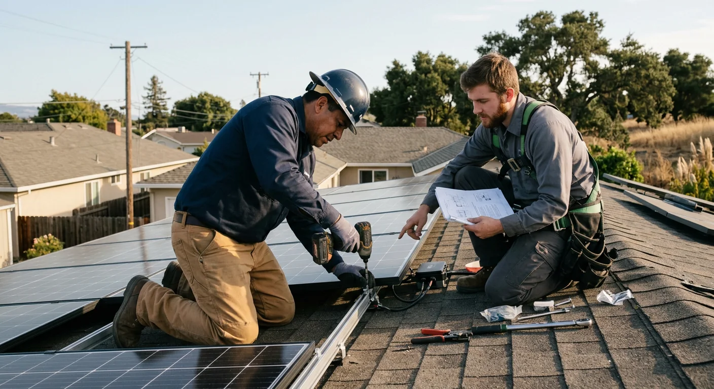 Technician inspecting an off-grid solar battery bank at a Watsonville residence