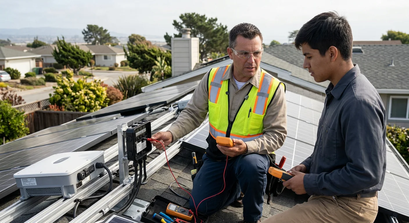 Technician reviewing residential solar installation plans with a homeowner in Watsonville