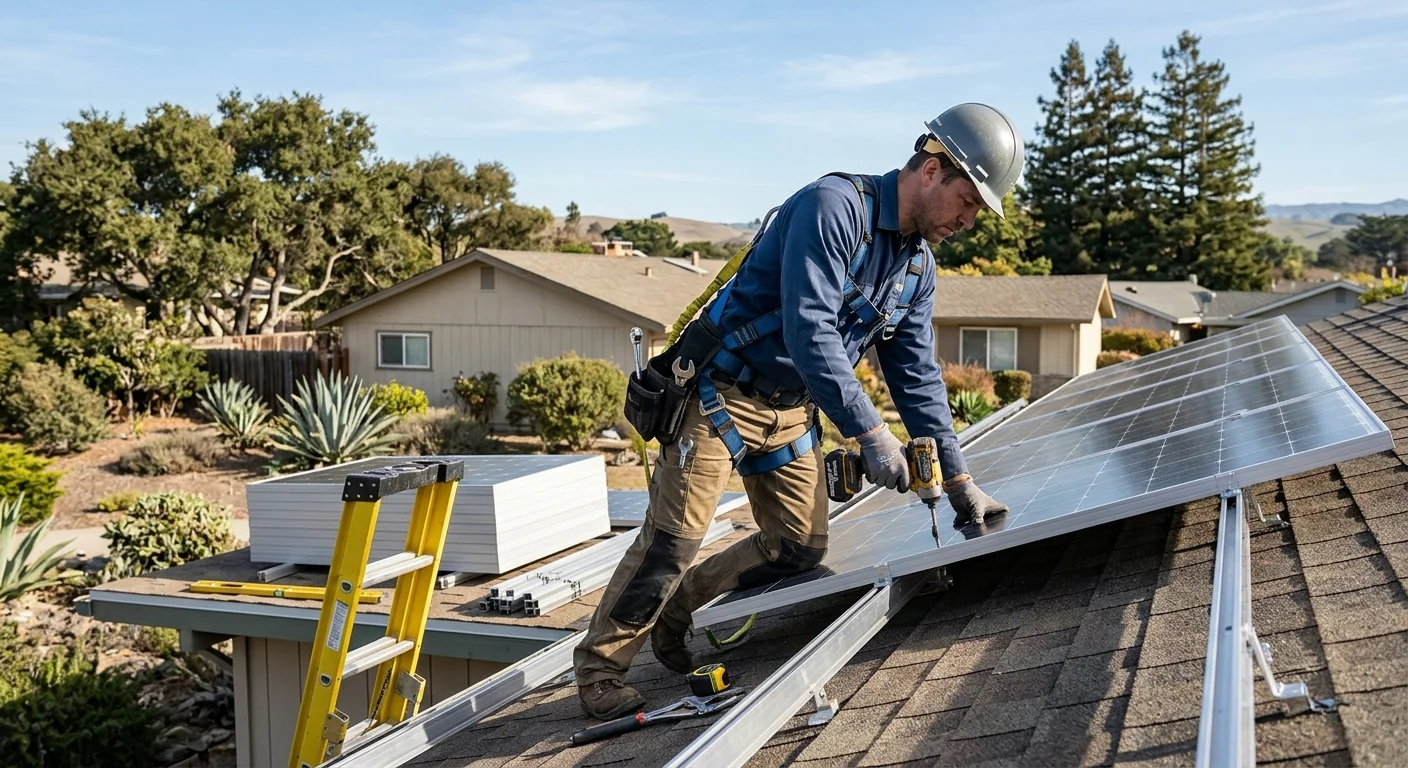Technician mounting rooftop solar panels on a Watsonville residential home