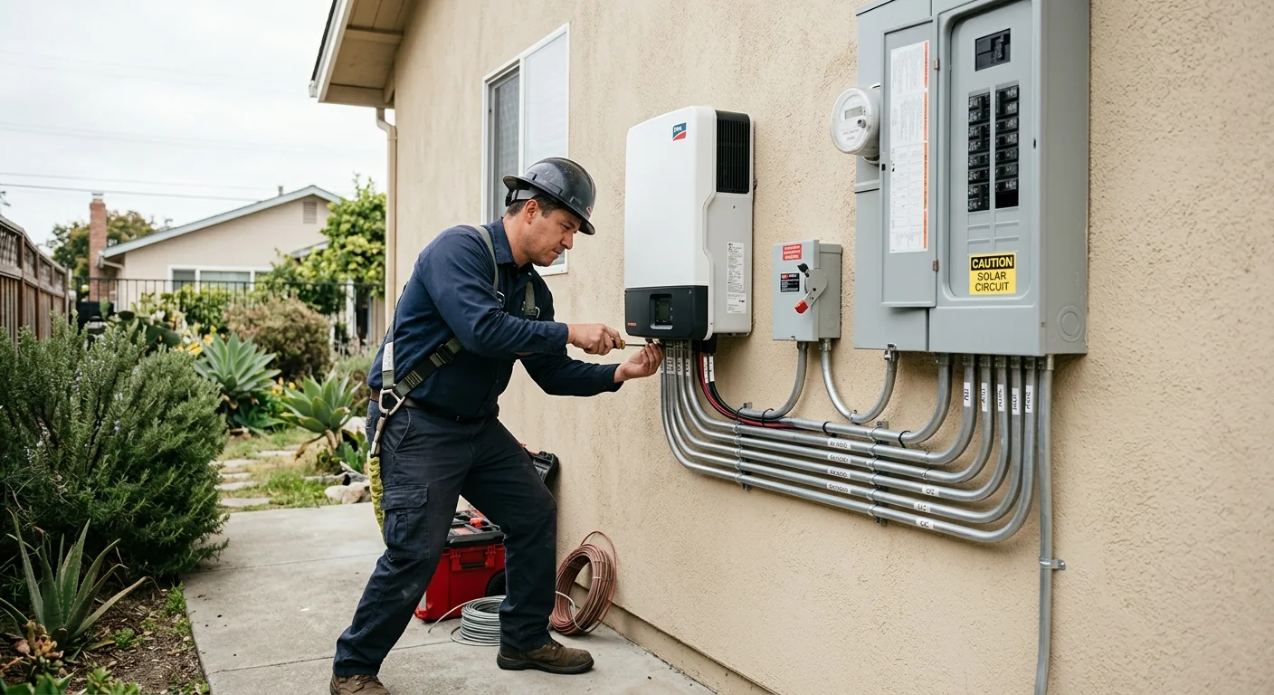 Grid-tie inverter and wiring installed on a home exterior wall