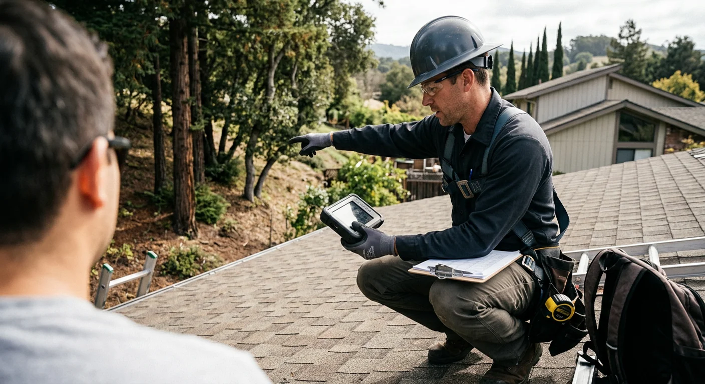 Installer performing roof shade analysis before panel array layout