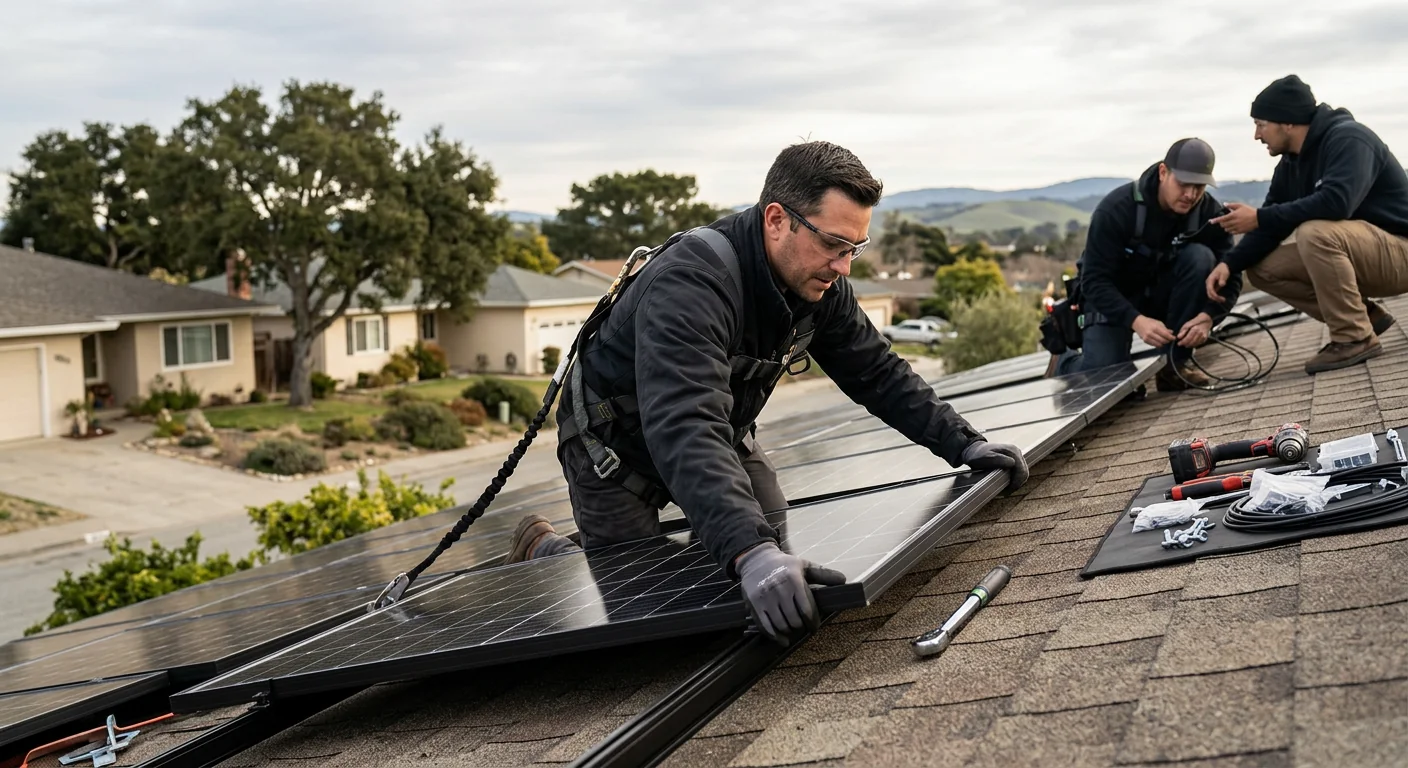 Technician mounting solar panels on a Watsonville home roof during installation
