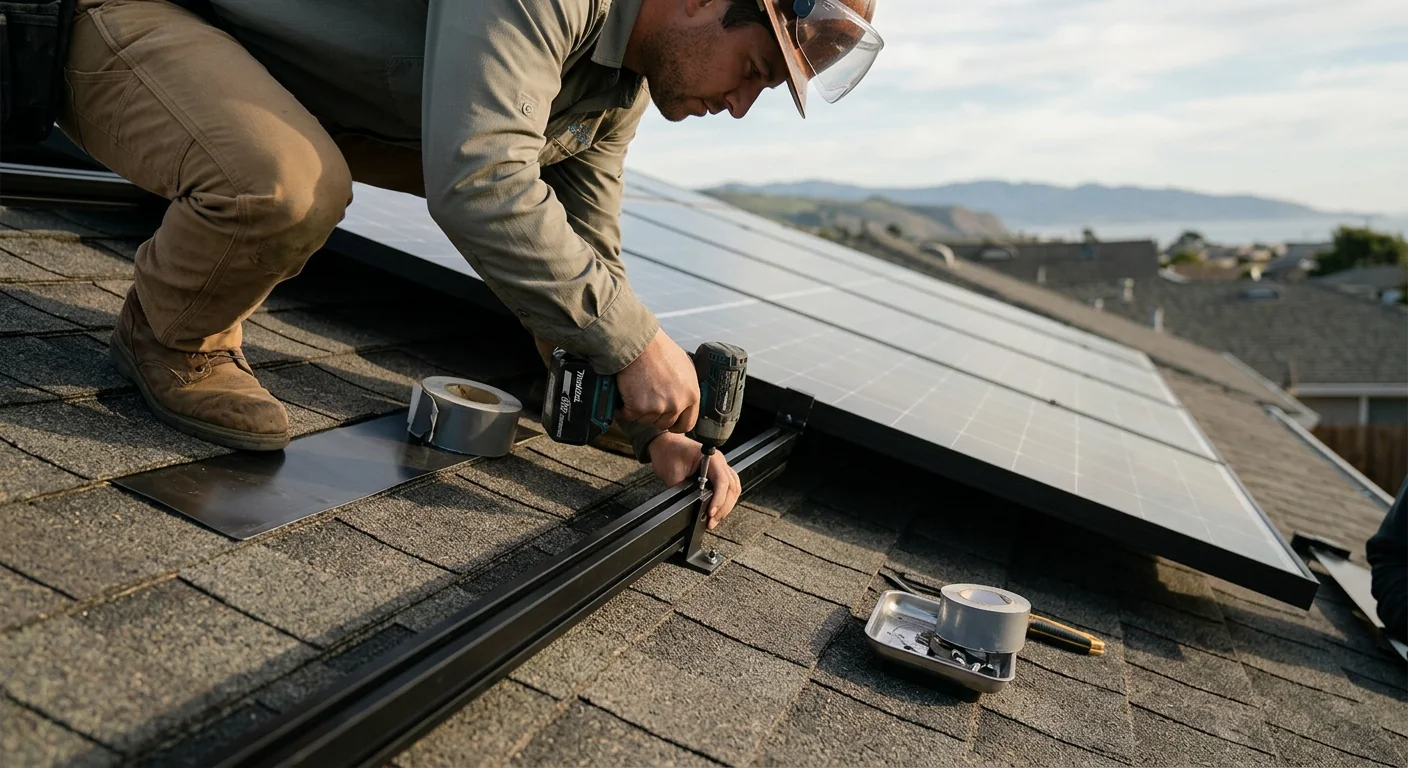 Close-up of solar panel racking and flashing secured to composite shingle roof
