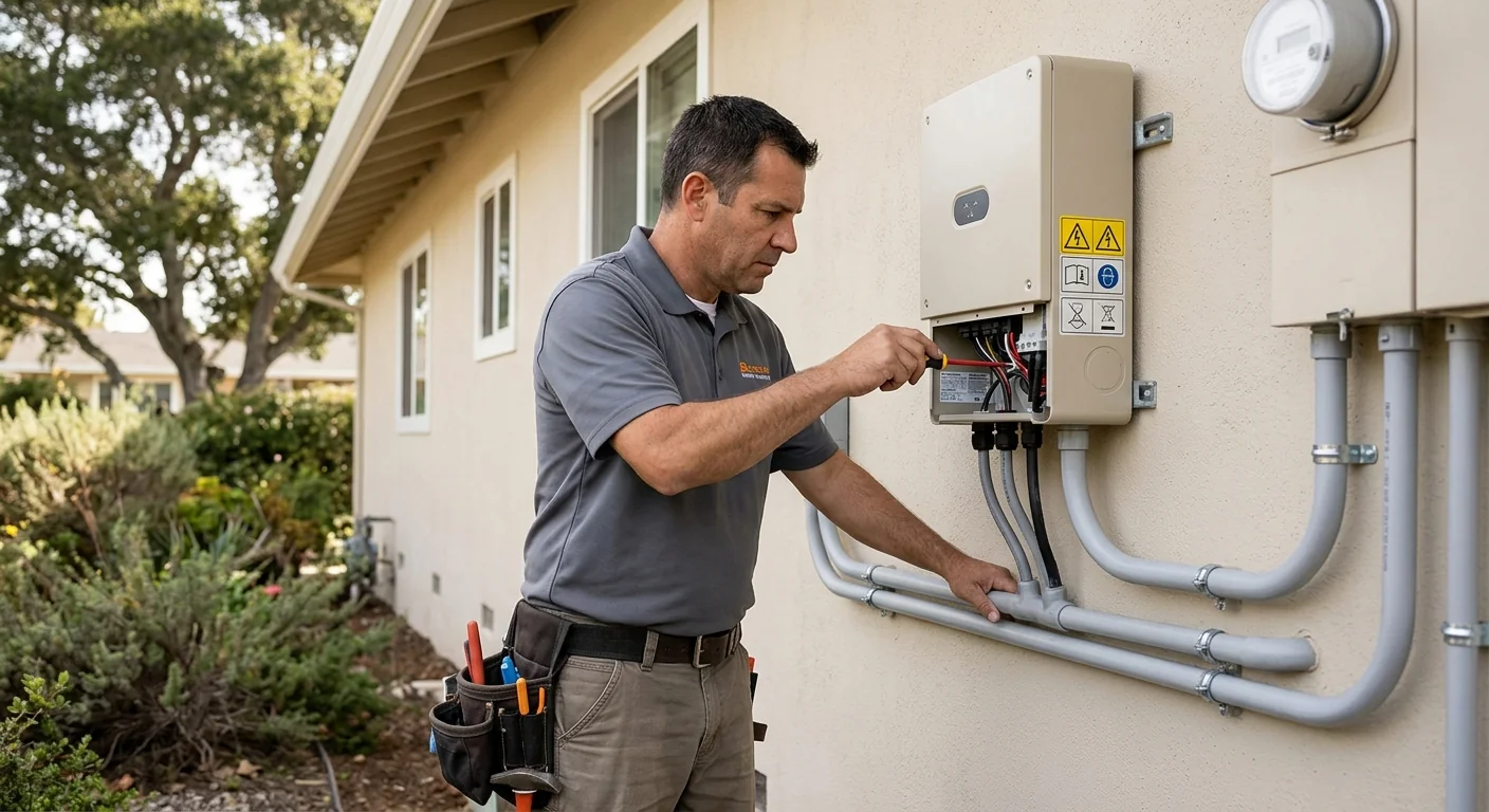 String inverter and conduit neatly wired on an exterior home wall