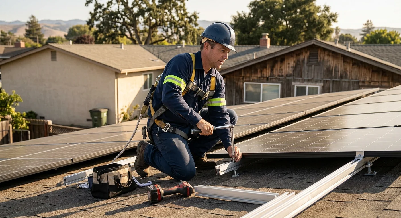 Solar technician verifying rooftop panel mounts on a Watsonville home during installation