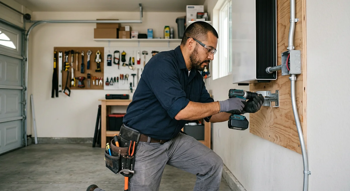 Technician mounting a solar battery unit inside a Watsonville home garage
