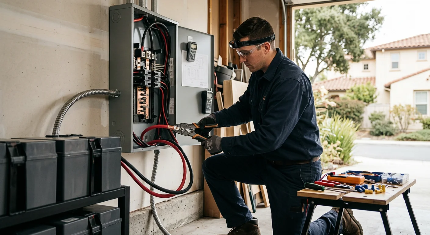 Battery bank wiring and disconnect panel during a residential storage installation