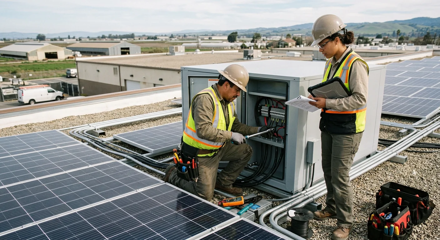 Commercial rooftop solar array connected to a battery storage system