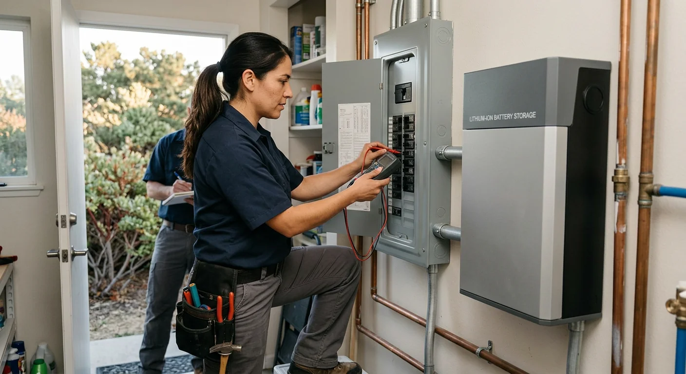 Wall-mounted lithium battery unit installed beside a residential electrical panel in Watsonville