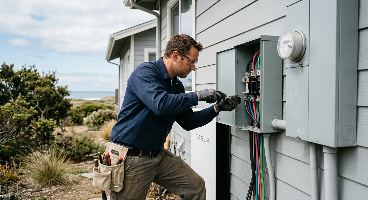 Technician wiring a transfer switch during a solar battery installation on a coastal home