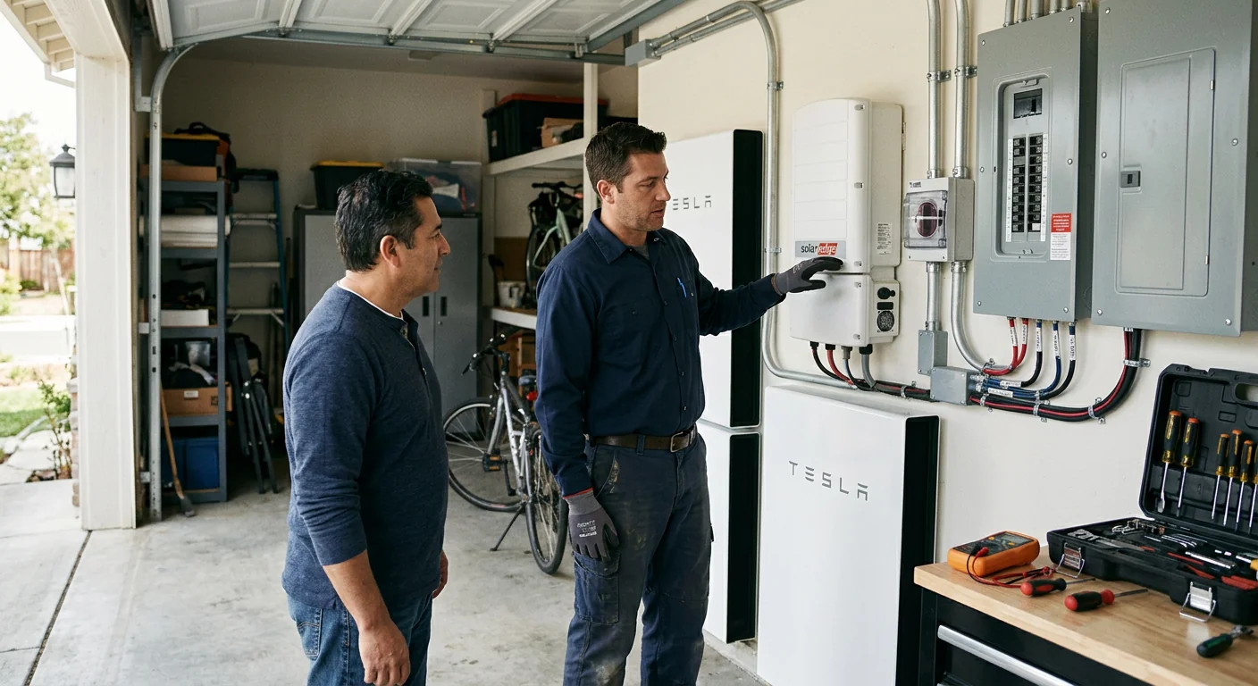 Wide shot of a residential garage with completed solar battery backup system