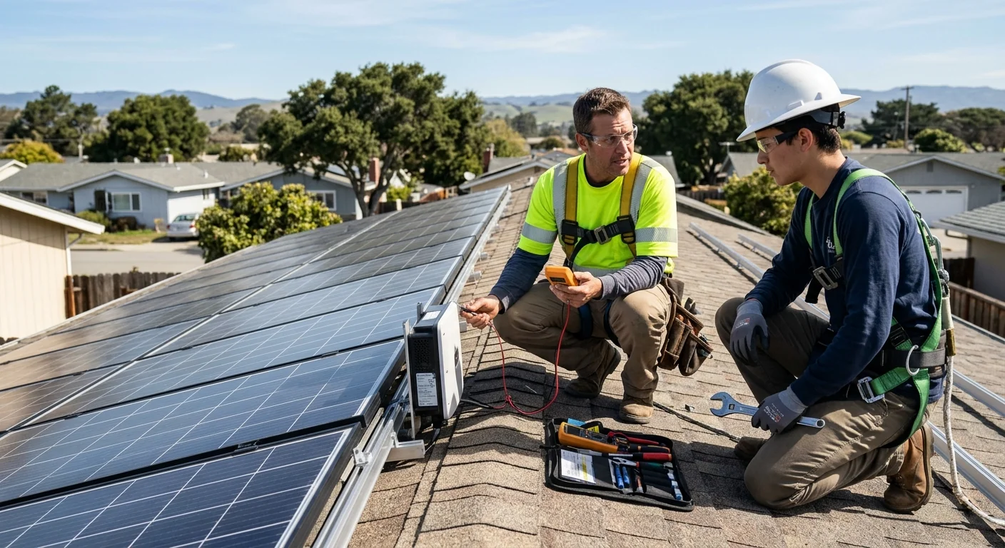 Technician verifying wall-mounted solar battery and inverter connections at a Watsonville home