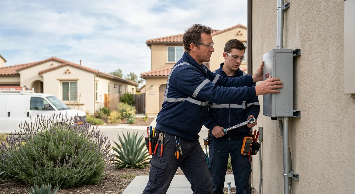 Installer evaluating inverter placement and service panel for a Watsonville cost estimate