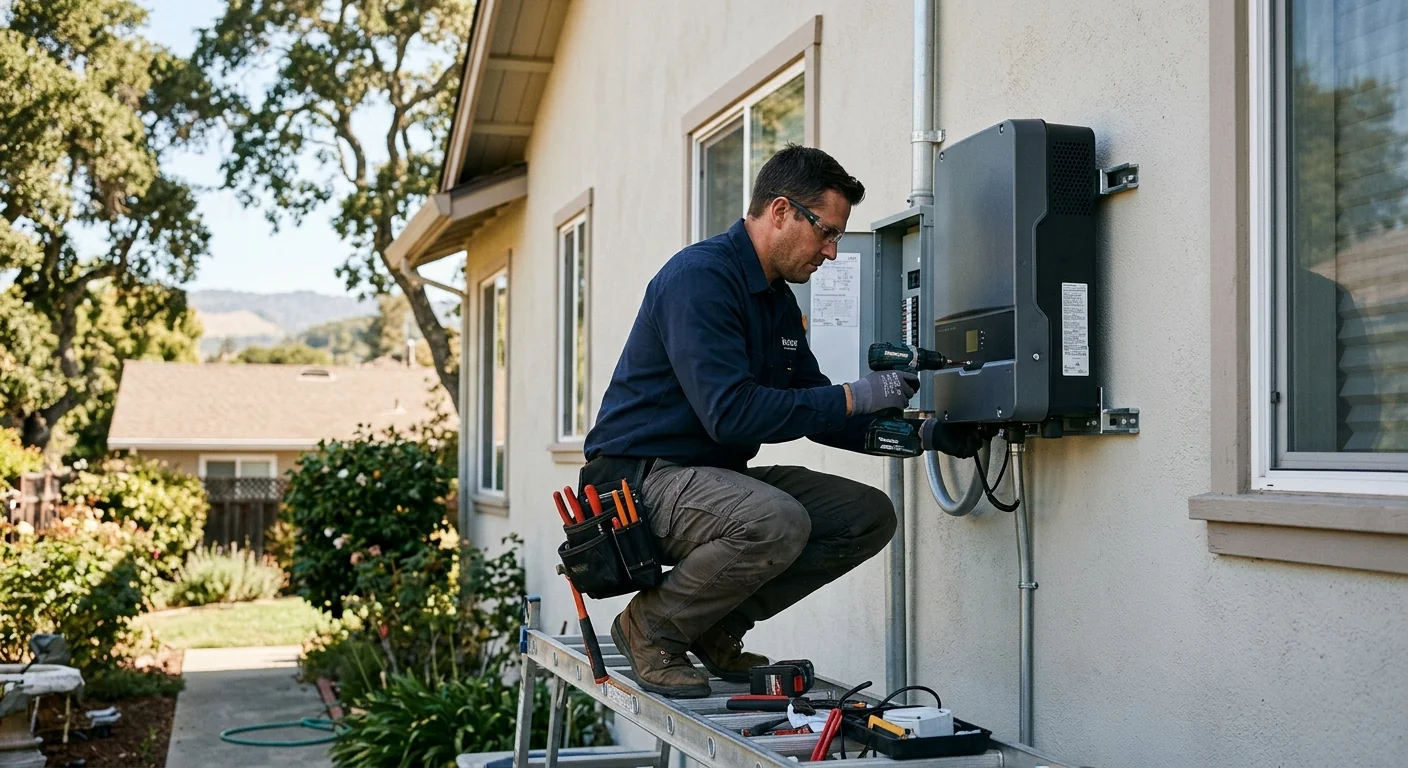 Technician mounting a solar inverter on a Watsonville home exterior wall