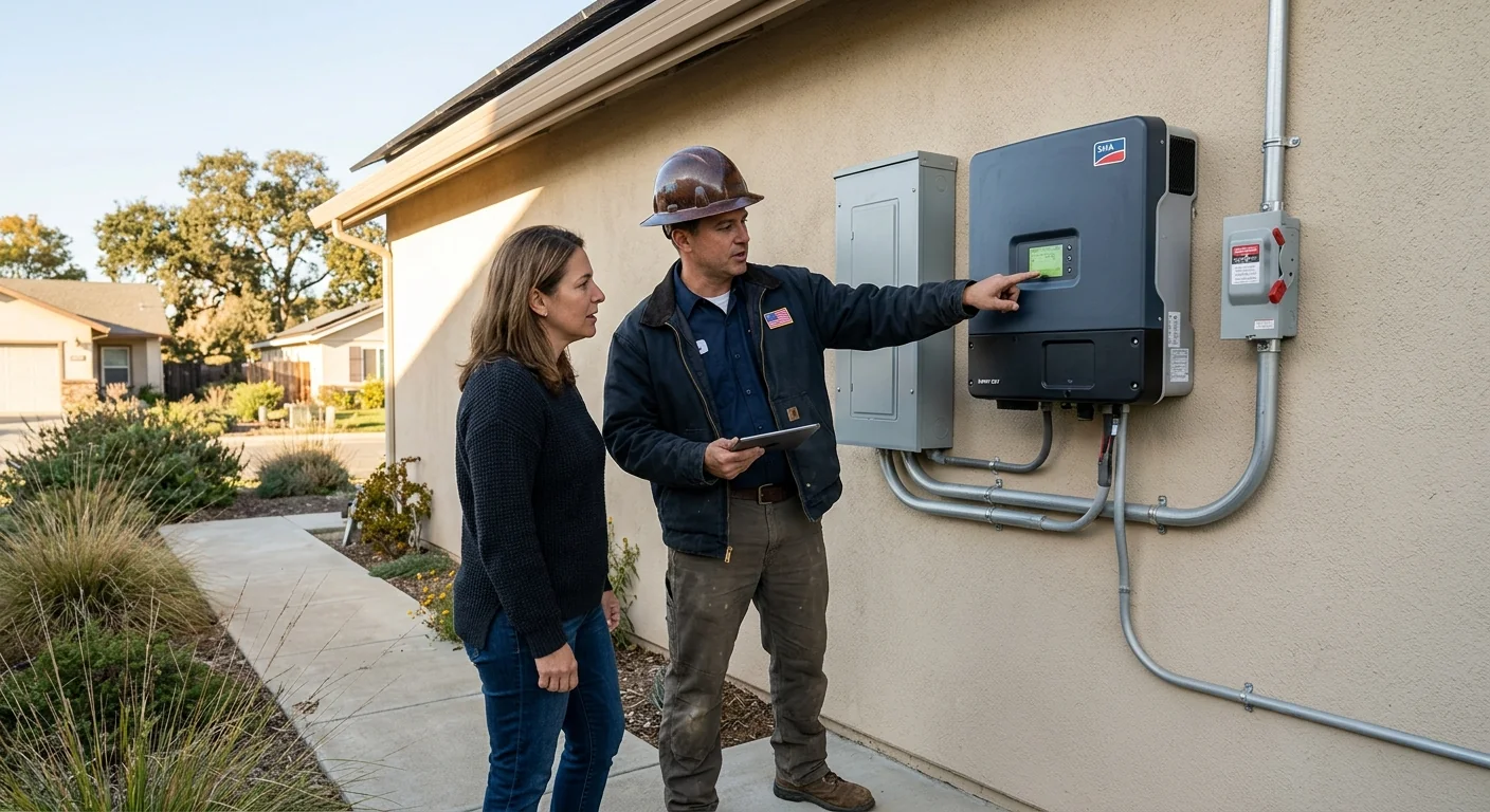 Homeowner reviewing inverter performance readings during a post-job walkthrough
