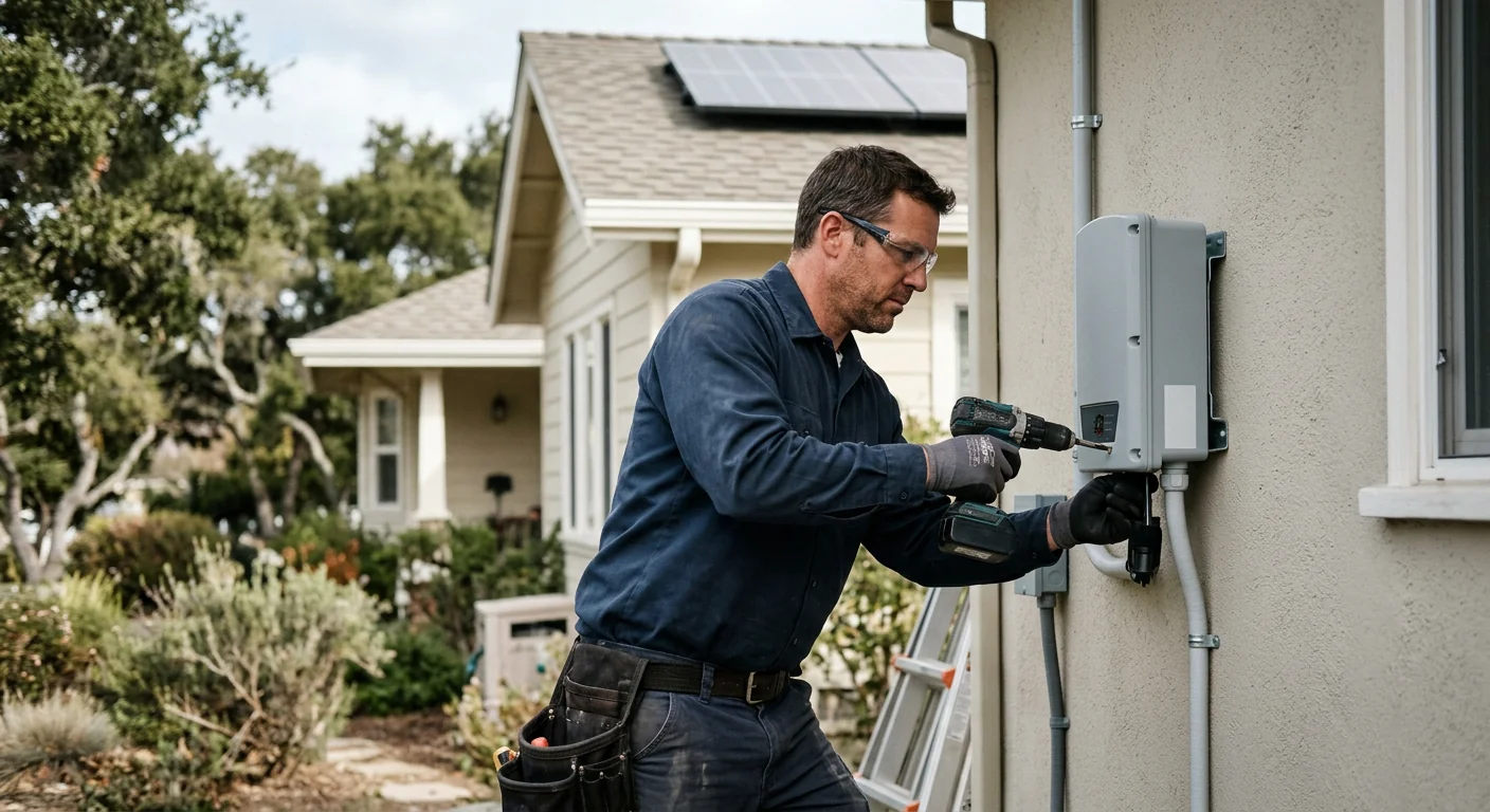 Technician mounting a new string inverter on a residential exterior wall in Watsonville