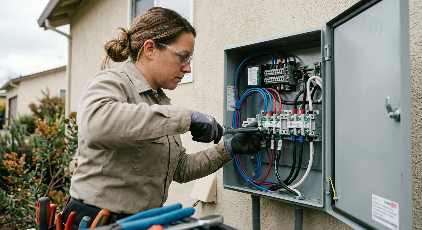Close-up of torque-verified DC and AC terminations inside an open inverter enclosure