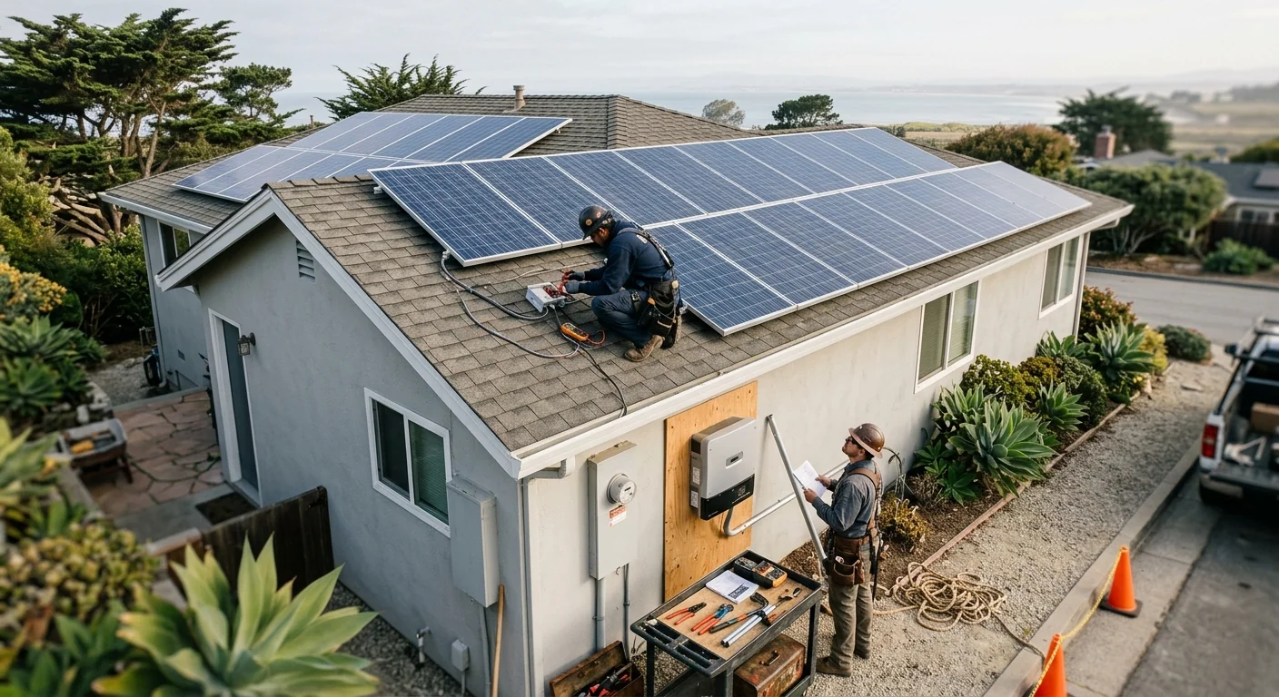 Wide shot of a coastal home rooftop solar array feeding a replaced inverter