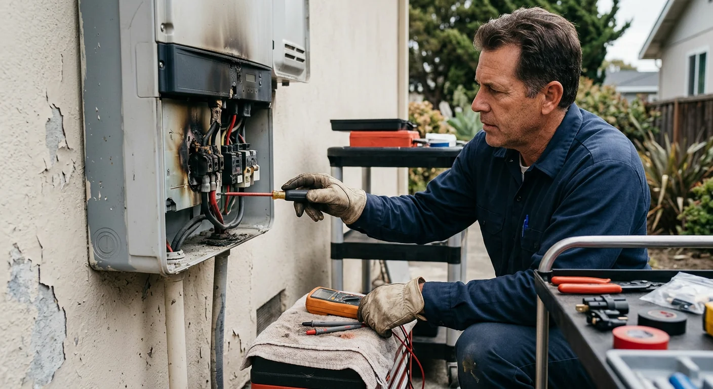 Aging failed inverter removed from a wall showing overheated connectors before replacement