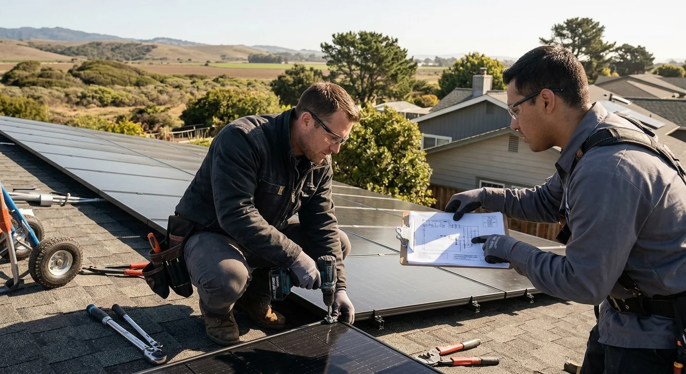 Technician verifying solar inverter wiring during a replacement in Watsonville