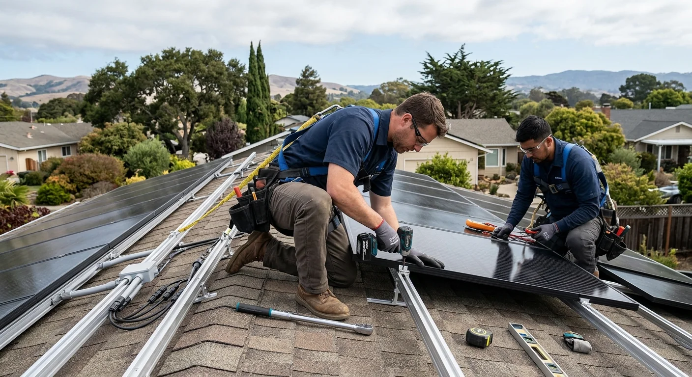 Solar technician reviewing installation plans with a homeowner beside a rooftop panel array in Watsonville