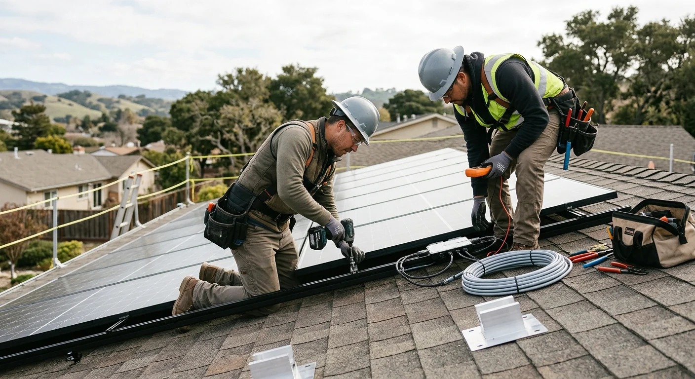 Solar technician reviewing installation documentation with a Watsonville homeowner outside