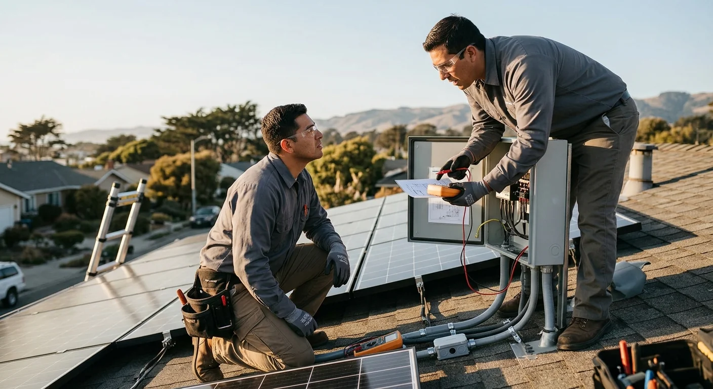 Solar technician reviewing rooftop panel layout in Watsonville
