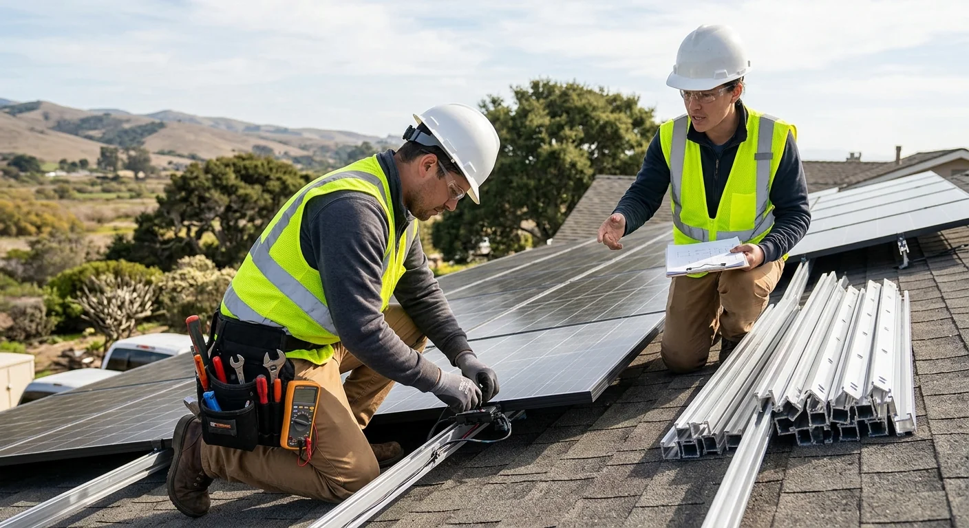 Solar technician reviewing rooftop measurements for a residential estimate in Watsonville