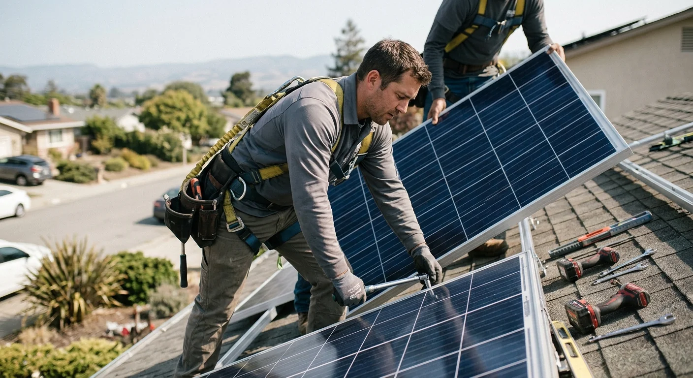 Solar technician reviewing installation checklist with homeowner at a Watsonville residence