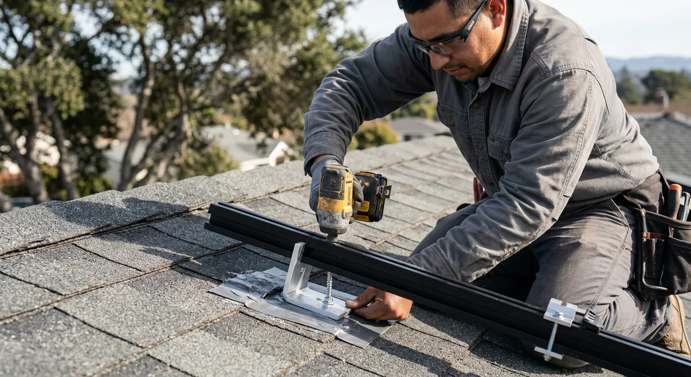 Wide shot of a completed rooftop photovoltaic array on a suburban home