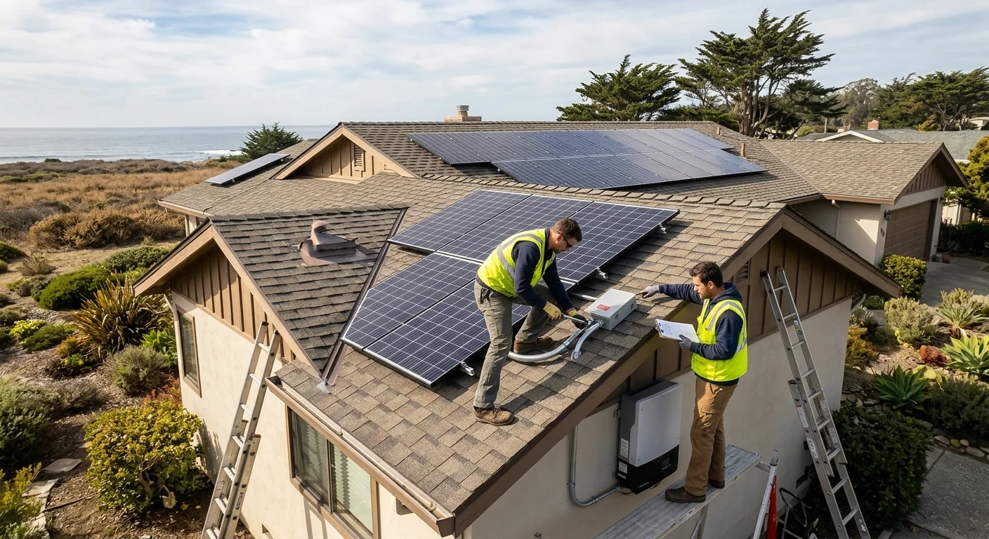 Technician securing racking rails to roof decking during a solar install