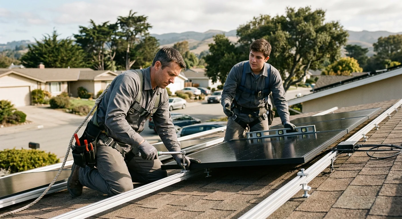 Solar installer safety harness meters and torque tools arranged neatly on a rooftop worksite