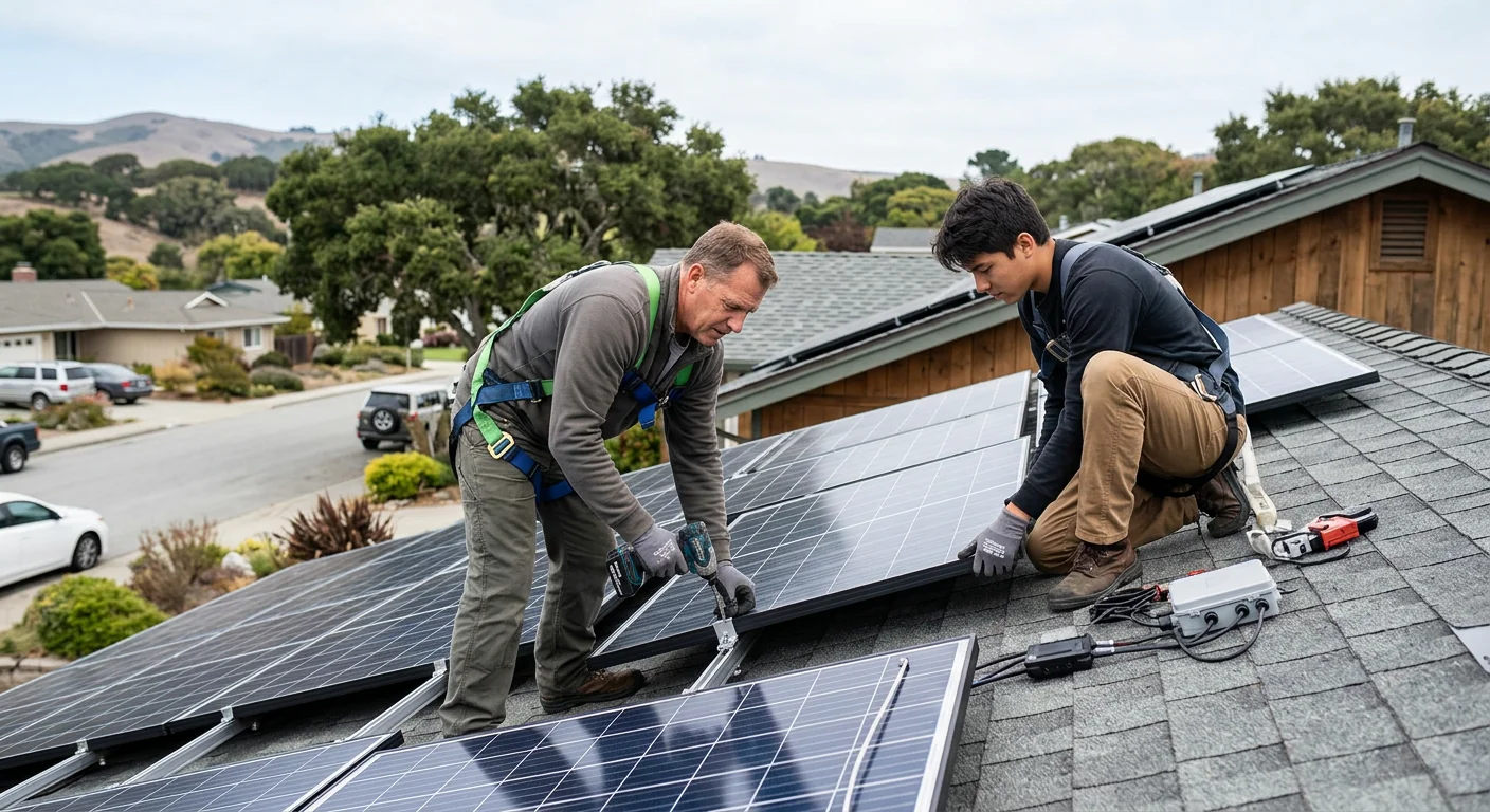 Solar technician reviewing panel layout and inverter readings on a Watsonville rooftop