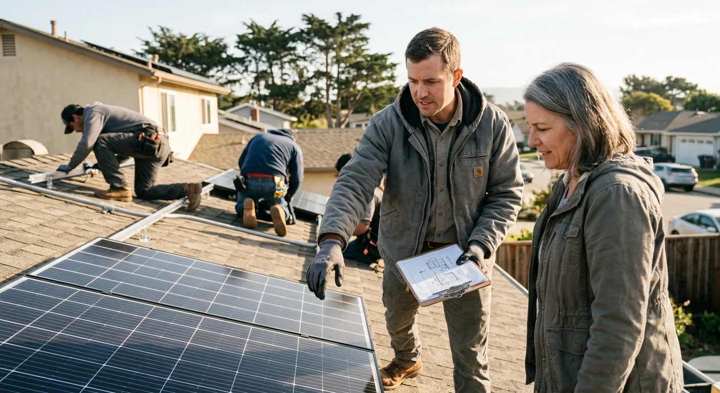 Solar technicians inspecting a rooftop photovoltaic array on a Watsonville home